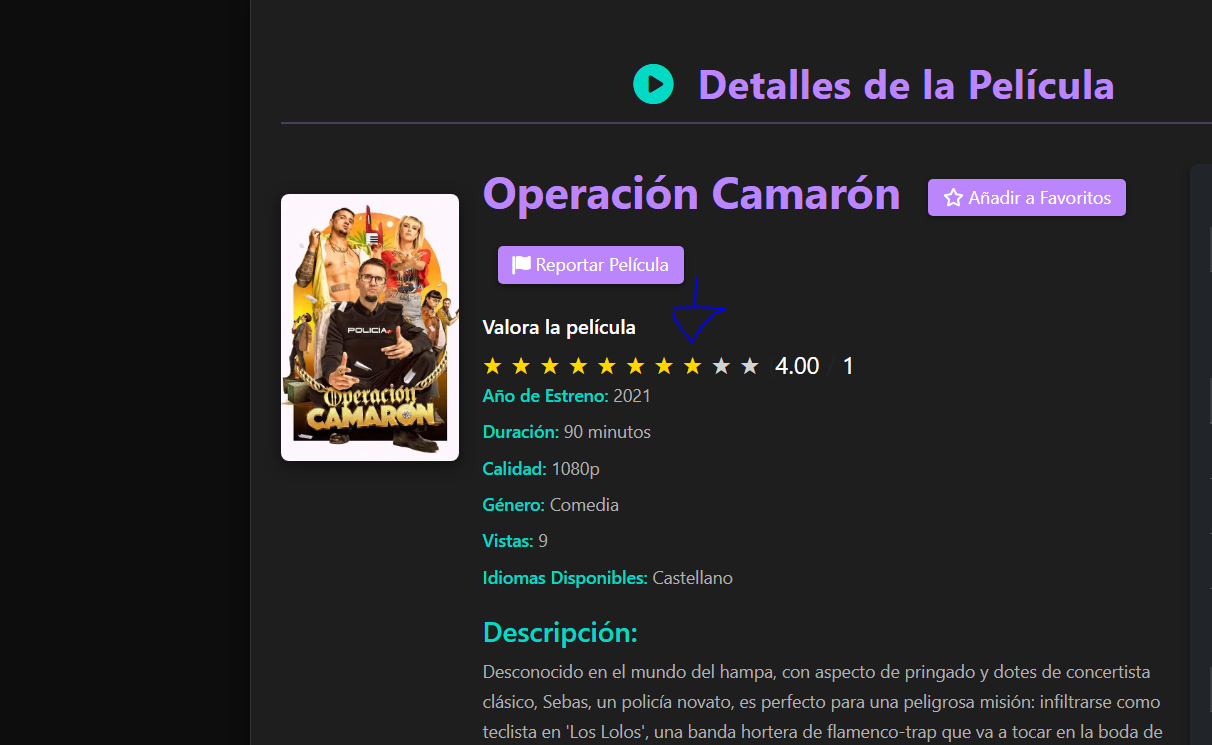 Captura de pantalla del sistema de rating de películas