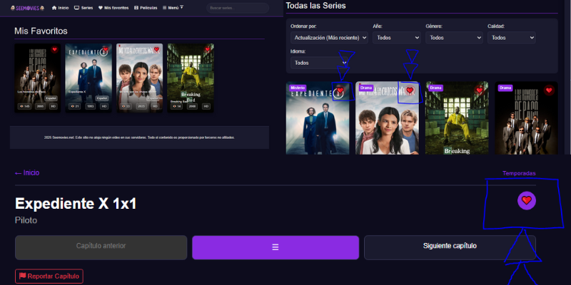 Captura de pantalla del sistema de favoritos de series