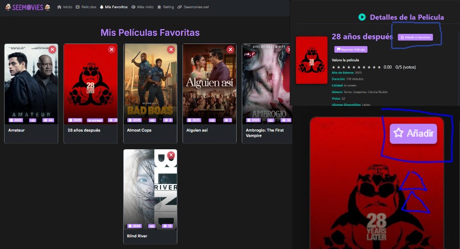 Captura de pantalla del sistema de favoritos de películas