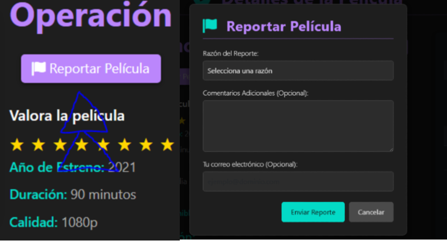 Captura de pantalla del sistema de reporte de películas