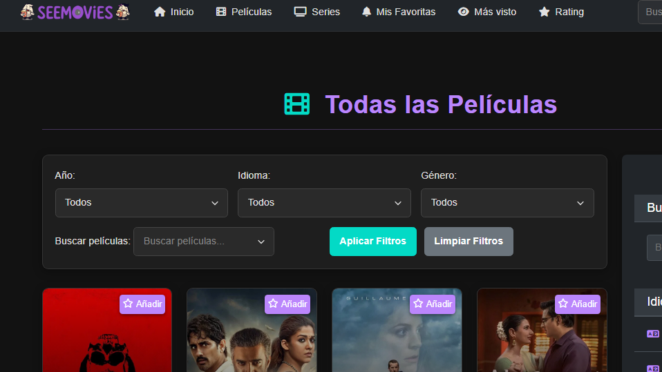 Captura de pantalla del sistema de filtros de películas