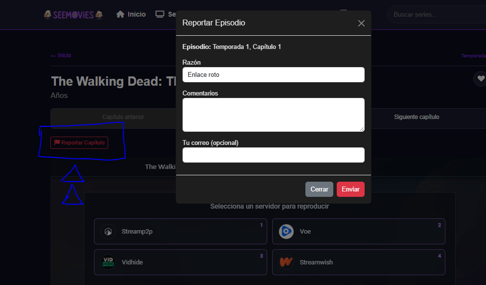 Captura de pantalla del sistema de reporte de series