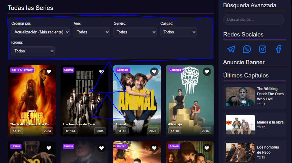 Captura de pantalla del sistema de filtros de series