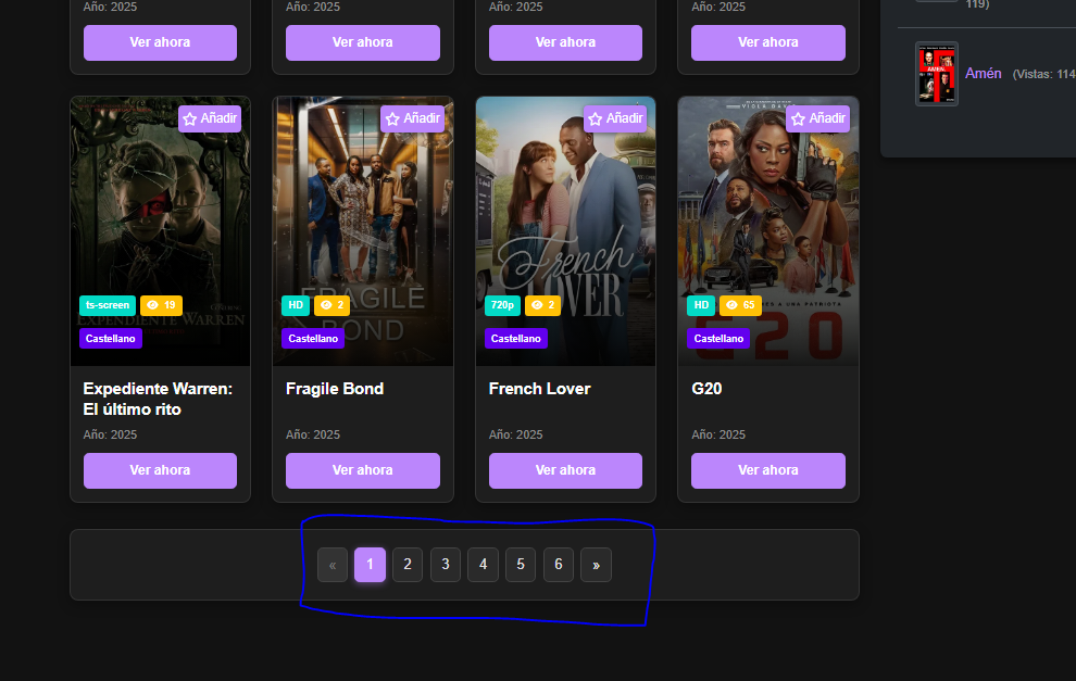 Captura de pantalla del sistema de paginación de películas